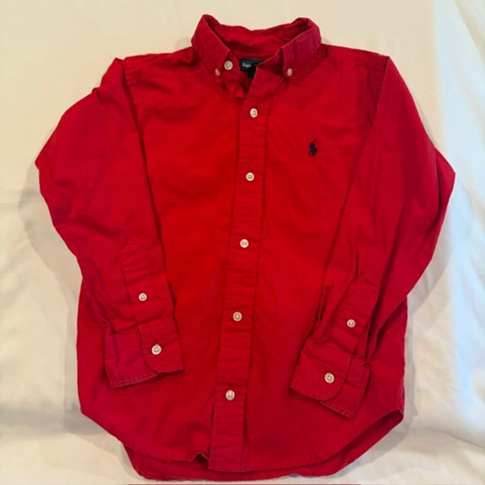 Ralph Lauren Boys Size 5 Red Button Down Shirt Cotton Navy Pony